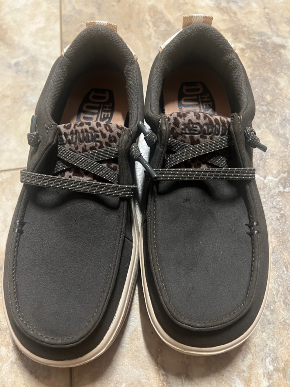 Hey Dude Black Loafers with Leopard Accent